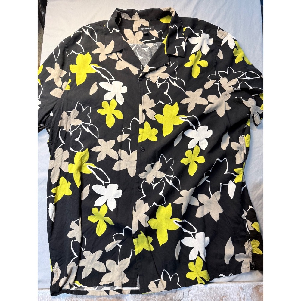 Express Mens Black Yellow Floral Print Short Sleeve Camp Collar Button Up Shirt